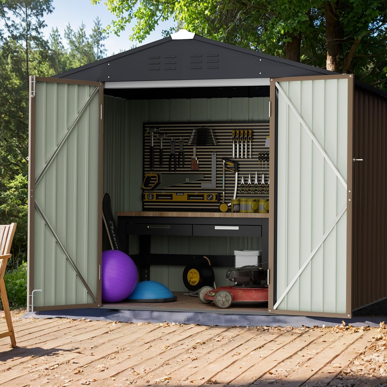 GUNJI 8 x 6 FT Shed Outdoor Storage Shed Metal Garden Shed with Lockable Door Outside Waterproof Tool Shed for Backyard, Patio, Lawn (Brown)