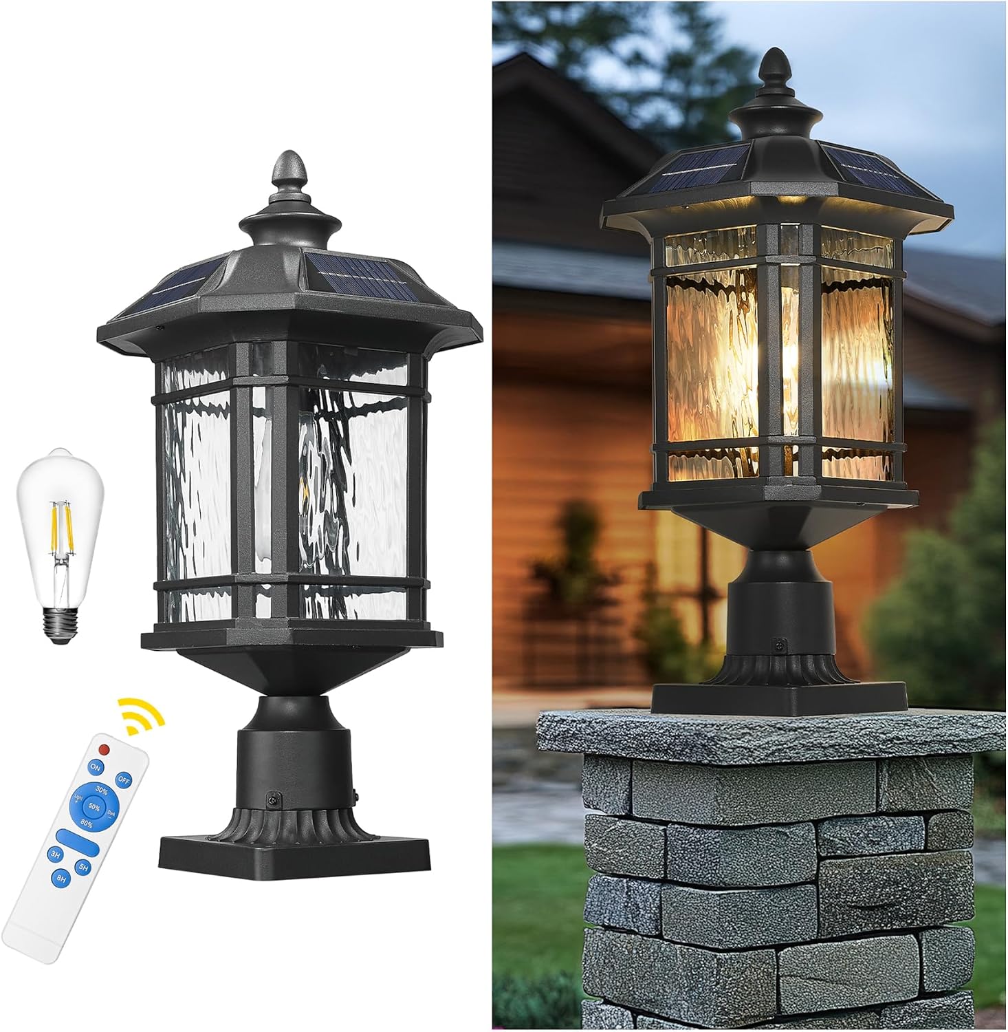 Emliviar 20.5' Solar Post Light Outdoor, Large Black Solar Column Light Head with Remote Control, LED Exterior Fence Lamp with Water Grain Glass, 22021MP-SL BK