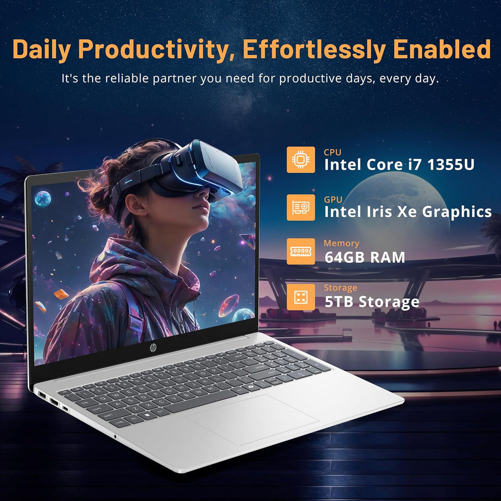 HP 15.6' FHD Touchscreen Laptop, Intel i7-1355U, 64GB RAM, 5TB Storage(4TB SSD+1TB Docking Station Set), Intel Iris Xe Graphics, Number Pad, 720p HD Camera, Wi-Fi 6, Win11 Pro, Silver