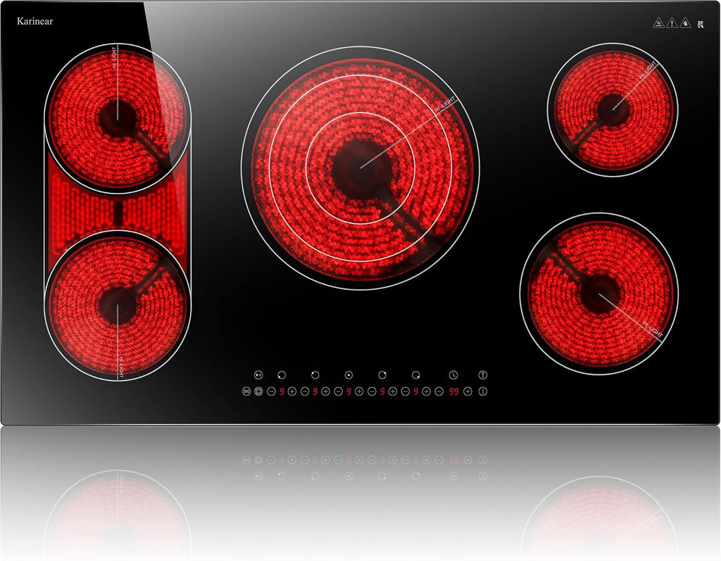 Karinear 36 Inch Electric Cooktop, 5 Burners Electric Stove Top, Flexible Bridge &Triple Ring Expandable Burners, Pause, Timer, Child Safety Lock, 9600W Built-in Ceramic Cooktop for 220-240V Hard Wire