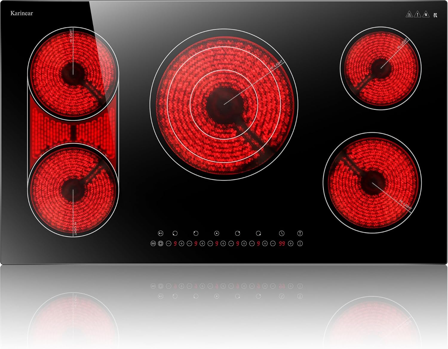 Karinear 36 Inch Electric Cooktop, 5 Burners Electric Stove Top, Flexible Bridge &Triple Ring Expandable Burners, Pause, Timer, Child Safety Lock, 9600W Built-in Ceramic Cooktop for 220-240V Hard Wire