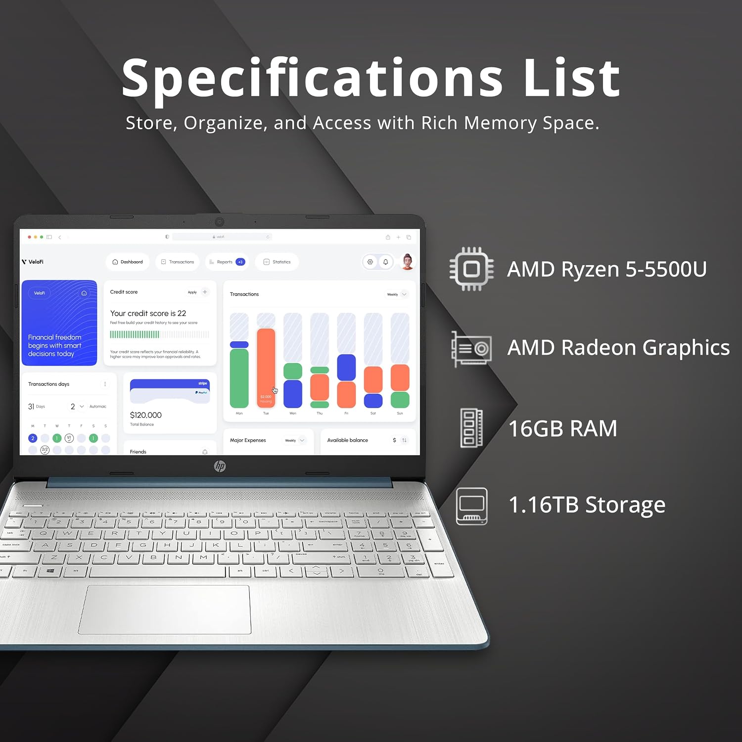 HP 15.6' FHD Laptop, AMD Ryzen 5-5500U, 16GB RAM, 1.16TB Storage (1TB SSD + 160GB Docking Station Set), AMD Radeon Graphics, Num Pad, Webcam, Bluetooth, Wi-Fi 5, Win 11 Pro, Blue