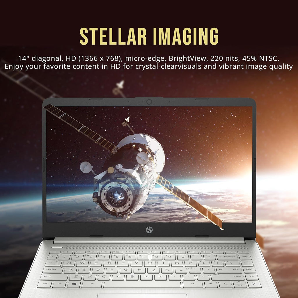 HP Stream 14' HD BrightView Laptop, Intel Celeron N4120, 16GB RAM, 416GB Storage (128GB eMMC + 288GB Docking Station Set), Intel UHD Graphics, 720p Camera, Wi-Fi, 1 Year Office 365, Win 11 S, Silver