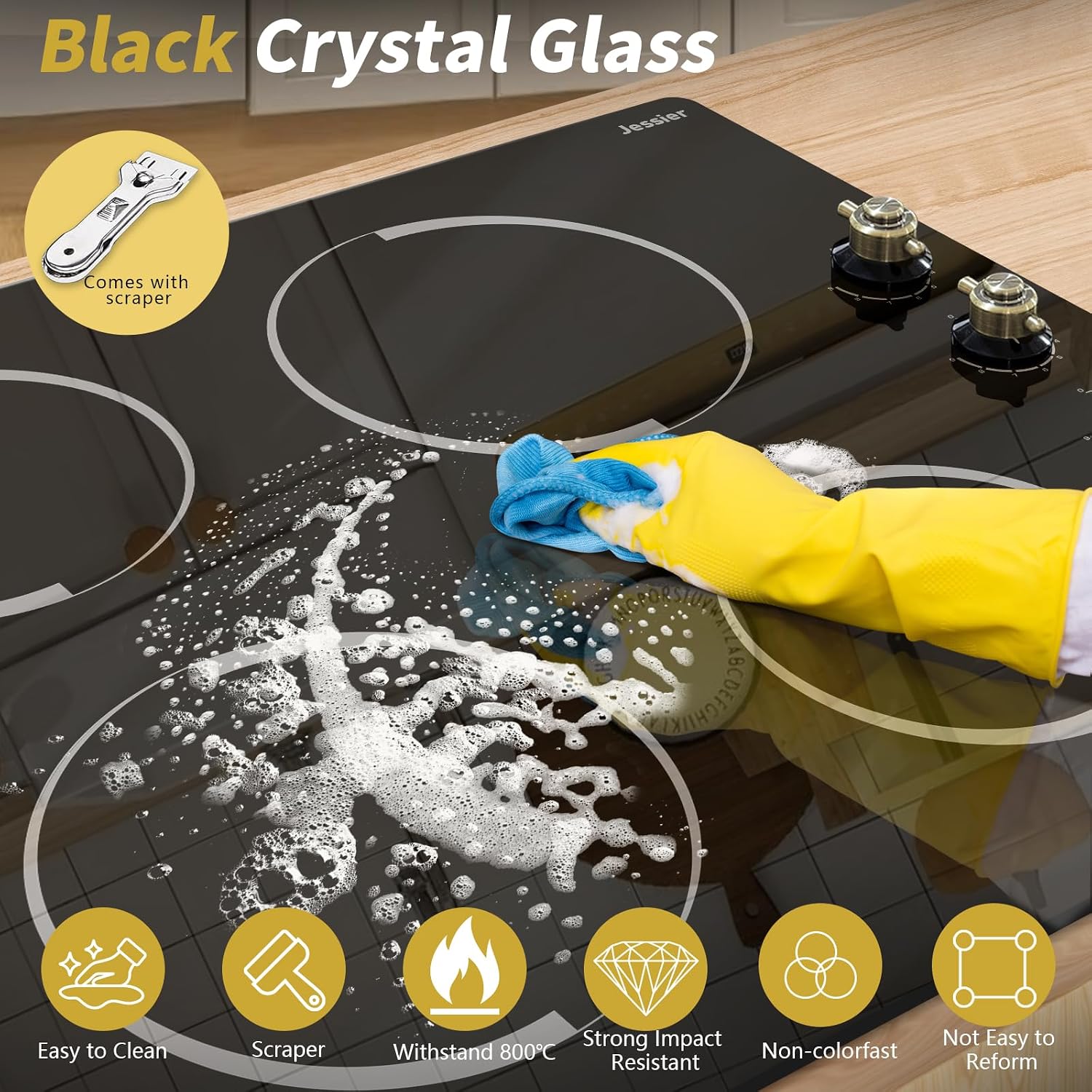 Electric Cooktop 24 Inch - 4 Burner Drop-in(22.05'x19.3') Radiant Electric Cooktop 6000W Knob Control, 220V Electrical Ceramic Stove Top, 9 Heating Levels, Residual Heat Indication (No Plug)