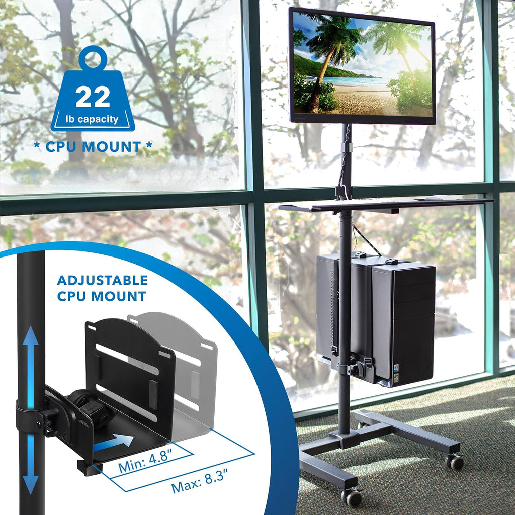 Mount-It! Rolling Computer Cart on Wheels, Mobile Desk Workstation with Monitor Mount for up to 32' Screen, Full Keyboard Tray, Floating Adjustable CPU Holder, Standing up to 70' Tall