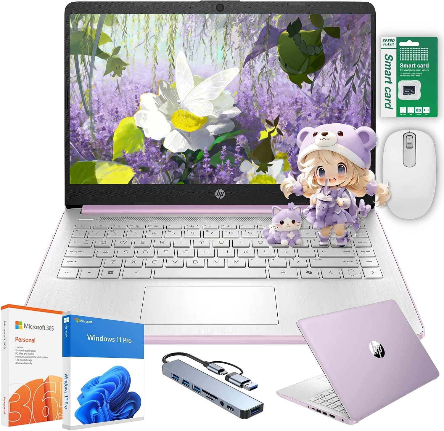 HP Ultra Thin 14' Laptop with Copilot, Intel Quad-Core N150, 8GB RAM, 384GB(128GB eMMC+256GB SD Card) • HUB • Mouse, Windows 11 Pro, 1-Year Office 365, Lightweight Purple Notebook for Work & School