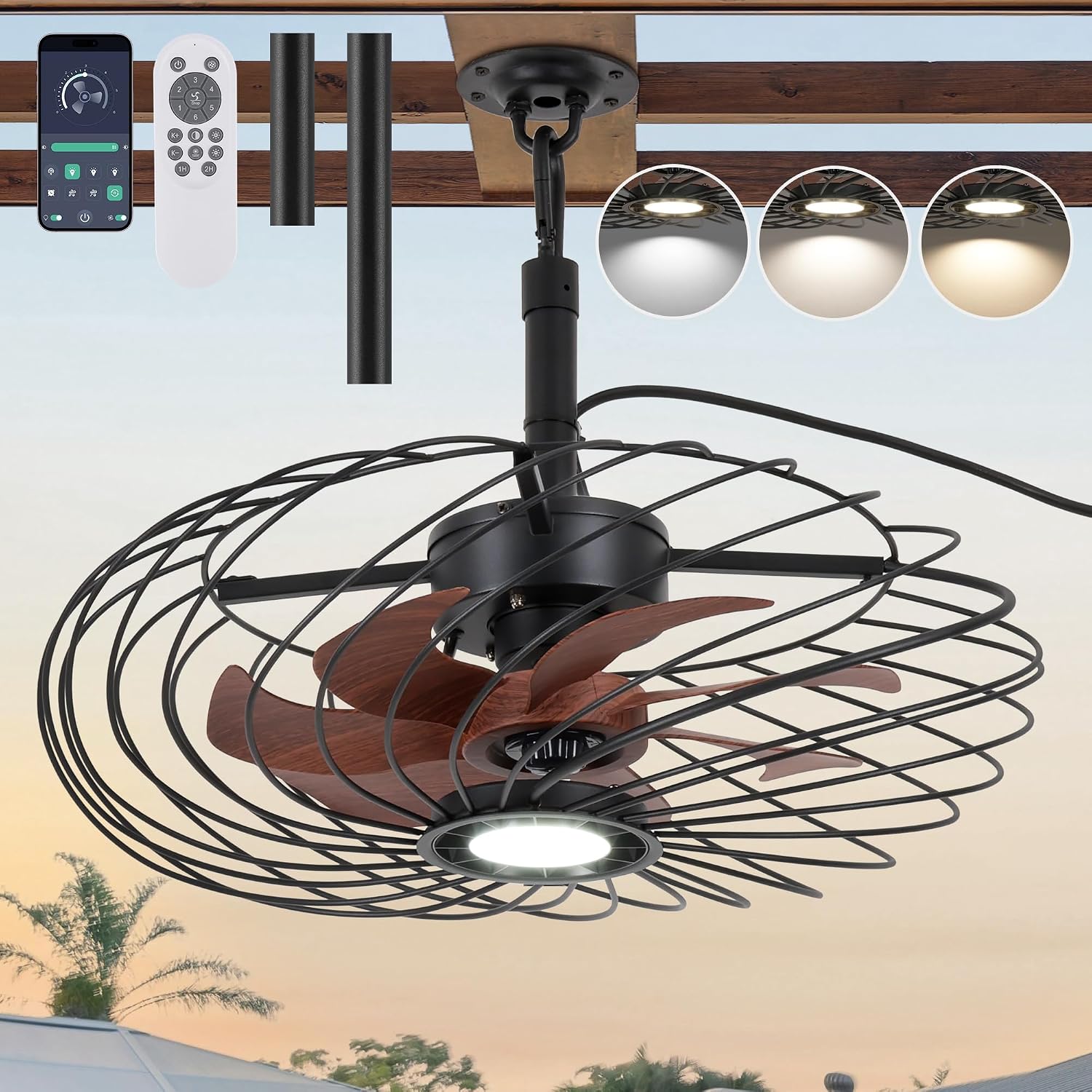 20' Outdoor Ceiling Fan with Light, Waterproof Gazebo Fan Remote Control, Dimmable LED Light, Hanging Black Caged Ceiling Fixtures with Plug in Cord for Patios Pergola