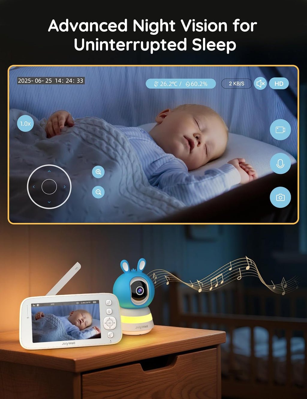 2K Baby Monitor with Camera and Audio, 5' Display Wifi Baby Monitor with App Control, Motion & Cry Detection, Night Vision, VOX, Real-Time Record, Temper Sensor, 2-Way Talk, RGB Night Light, Lullabies