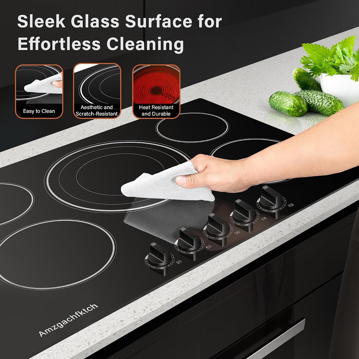 30 Inch Built-in Electric Cooktop with Expandable Triple Ring Burners, 5 Burner 9000W Ceramic Stove Top - Easy Knob Controls & Residual Heat Indicator (220-240V Hardwired)