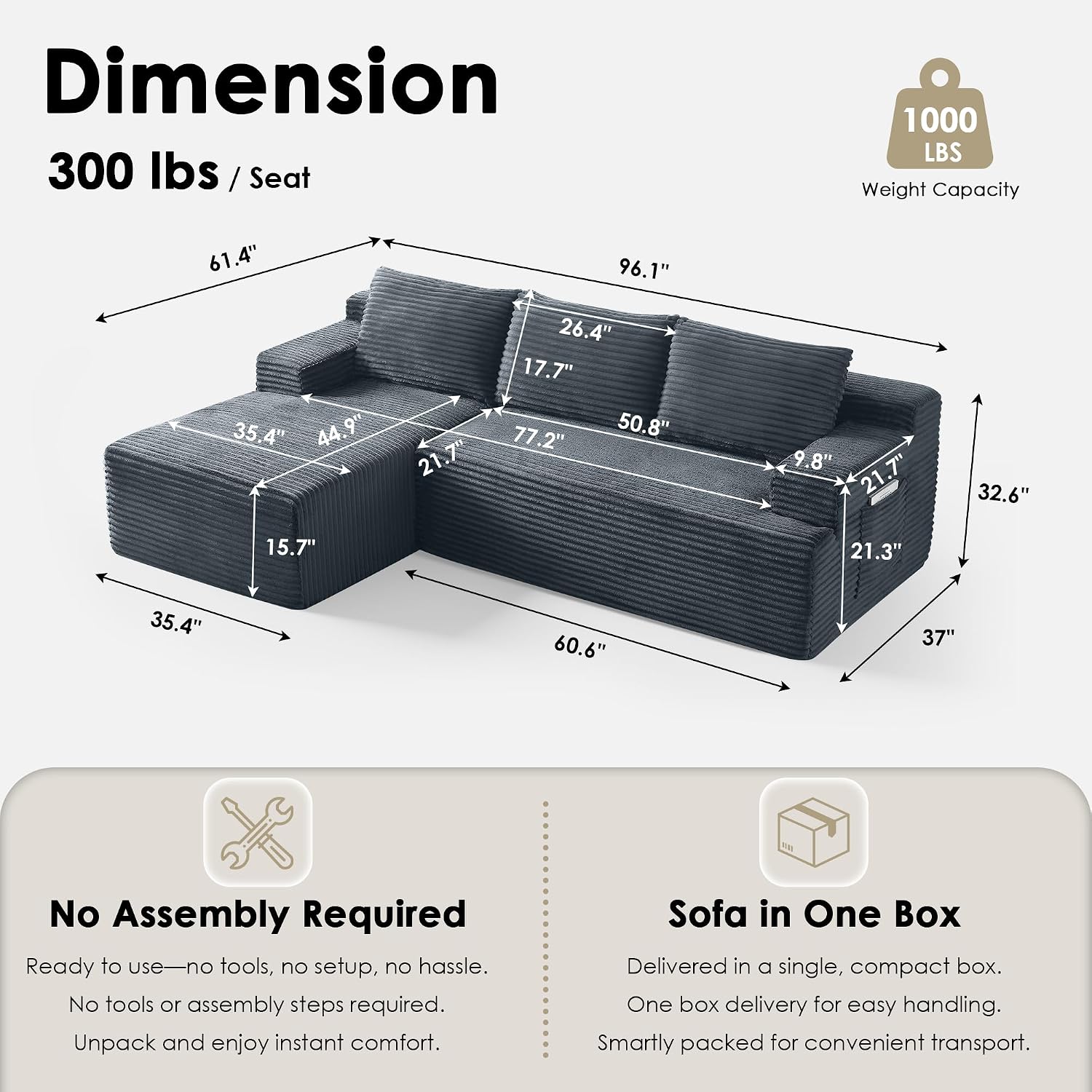 Modular Sectional Sofa Couches, 96' L-Shaped Cloud Boneless Couch with Left Chaise Lounge & Side Pockets for Living Room | No Assembly Required | Corduroy Fabric, Dark Gray