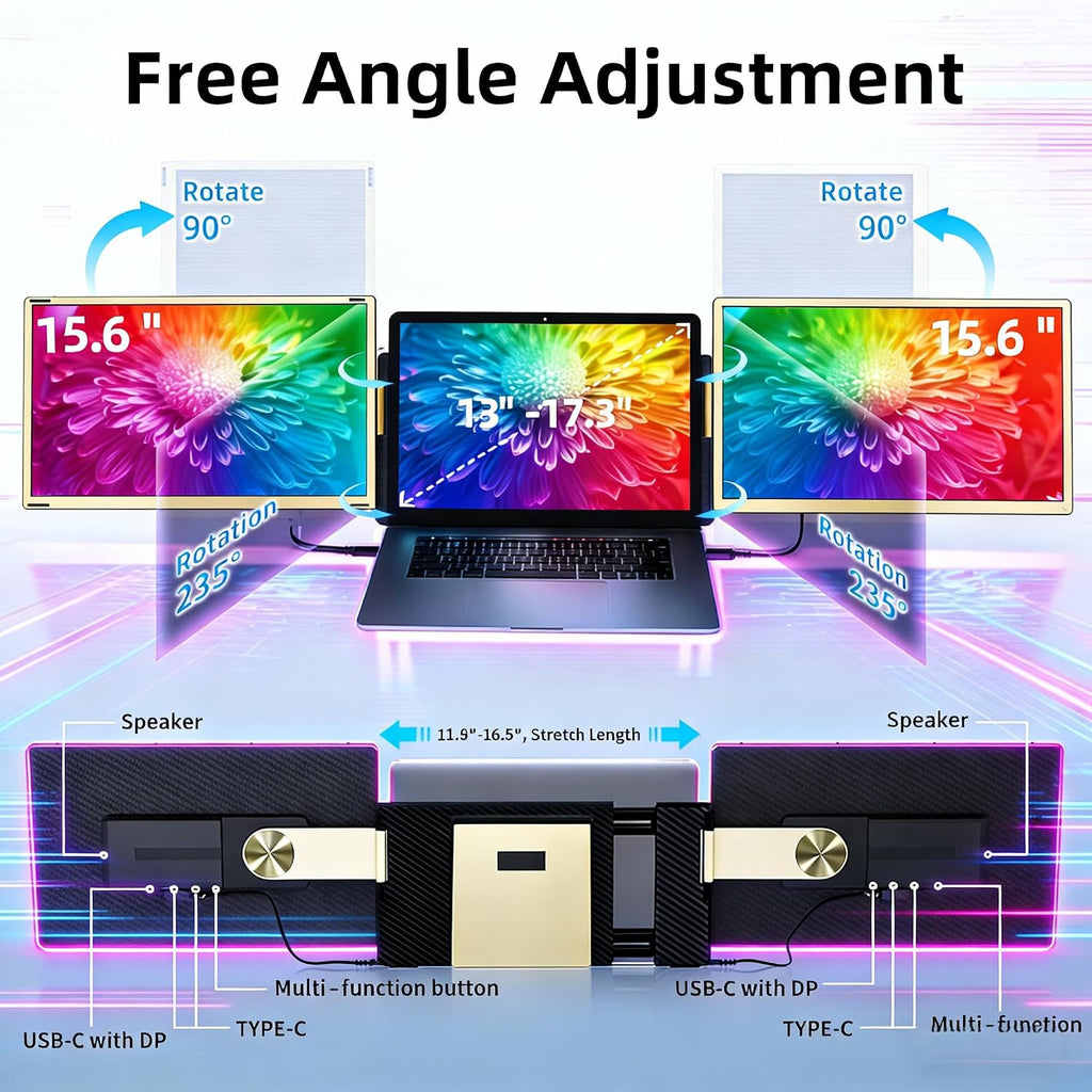 ROYY Laptop Screen Extender Double Monitor - 15.6' Detachable Portable Computer Monitor, FHD 1080P IPS 235 Degrees Rotation Extra Screen Compatible with Mac Wins Dex Chrome Fits 13-17' Laptop