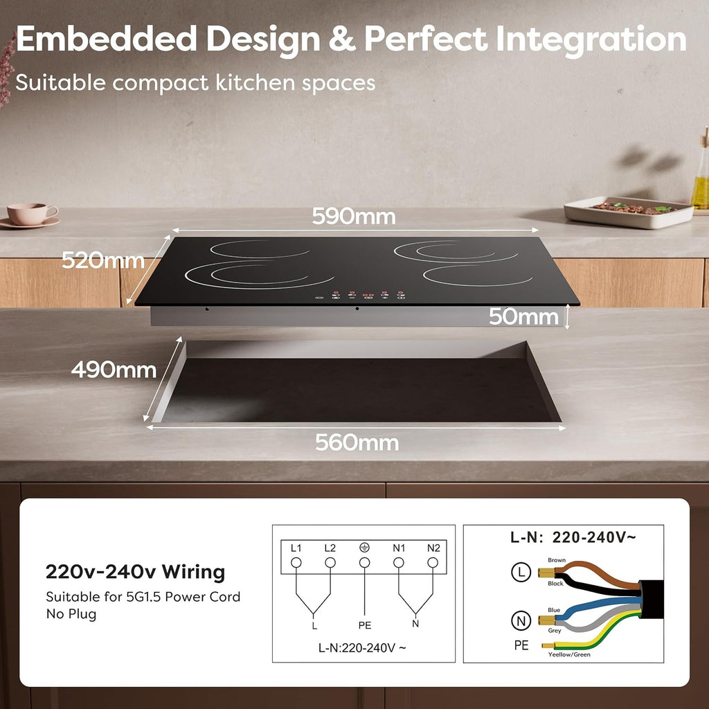 CDV 4 Burner Electric Cooktop 24 Inch, 6600W Built-in Ceramic Electric Stove Top, 220-240v Radiant Cooktop with Child Lock, Touch Control, Multiple Safety Protection, Hard Wire (No Plug)
