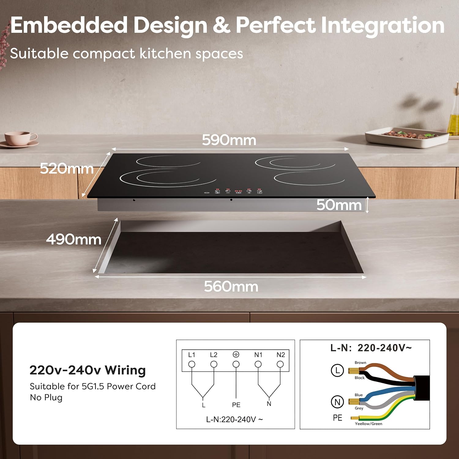 CDV 4 Burner Electric Cooktop 24 Inch, 6600W Built-in Ceramic Electric Stove Top, 220-240v Radiant Cooktop with Child Lock, Touch Control, Multiple Safety Protection, Hard Wire (No Plug)