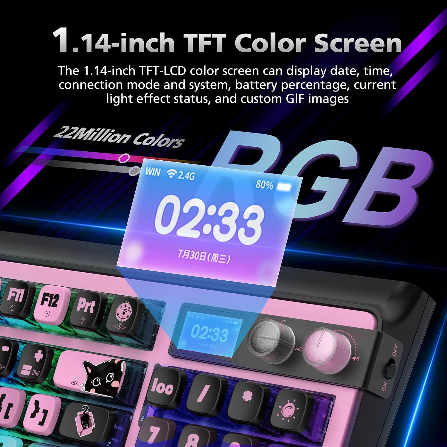 H98 Wireless Mechanical Keyboard,96-Key Hot-Swappable Wired Gaming Keyboard,Tri-Mode Bluetooth 5.0 2.4G USB-C,1.14' Color Screen,Double Knob,6000mAh,RGB,PBT Keycaps for PC Mac iPad-Black