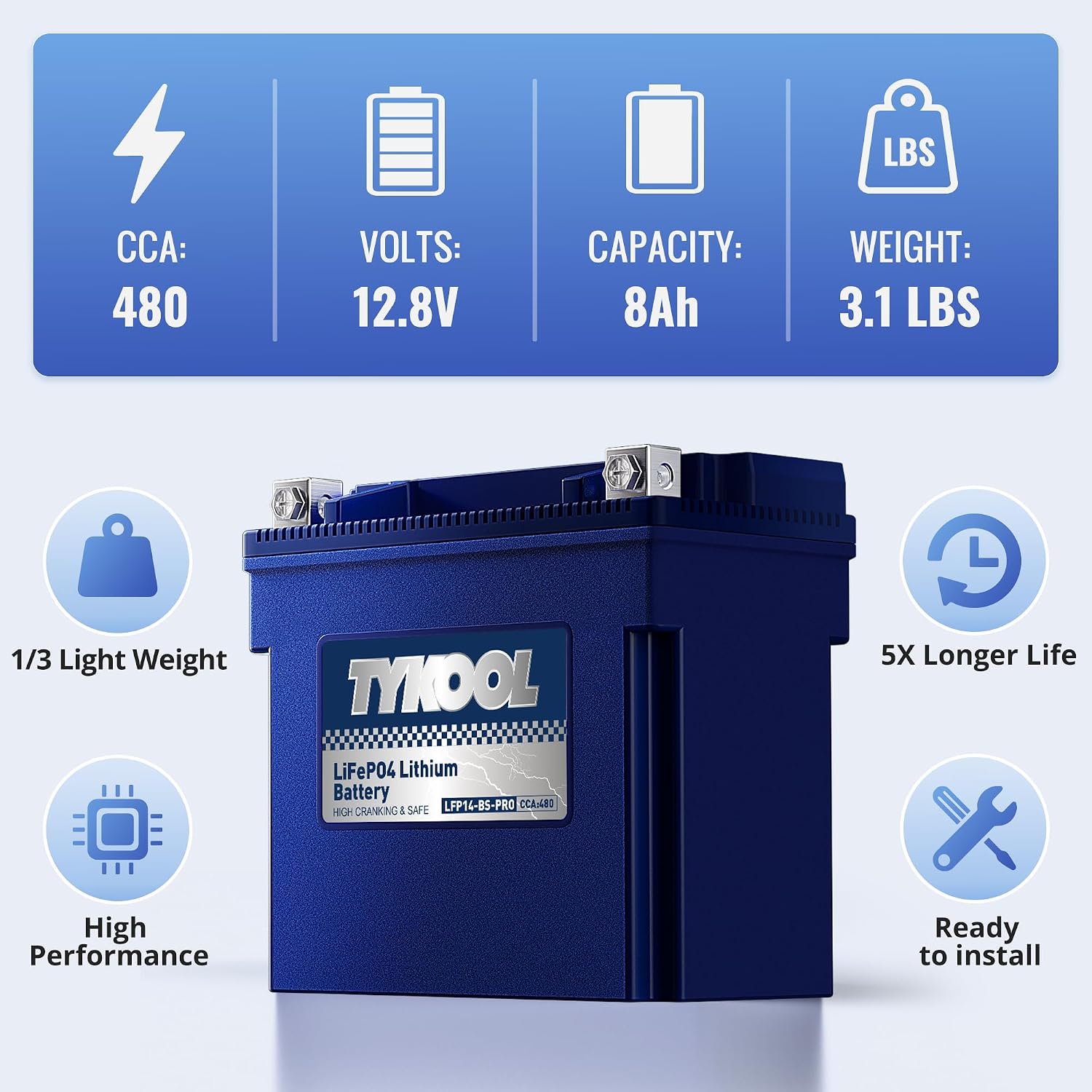TYKOOL YTX14-BS/YTX14H/GYZ16H High Performance Lithium LiFePO4 Motorcycle Battery,480CCA,12V 8Ah,Fits for ATV,UTV,Jet Ski,Snowmobile,Quad,Tractor,Riding Lawn Mower,Polaris Battery