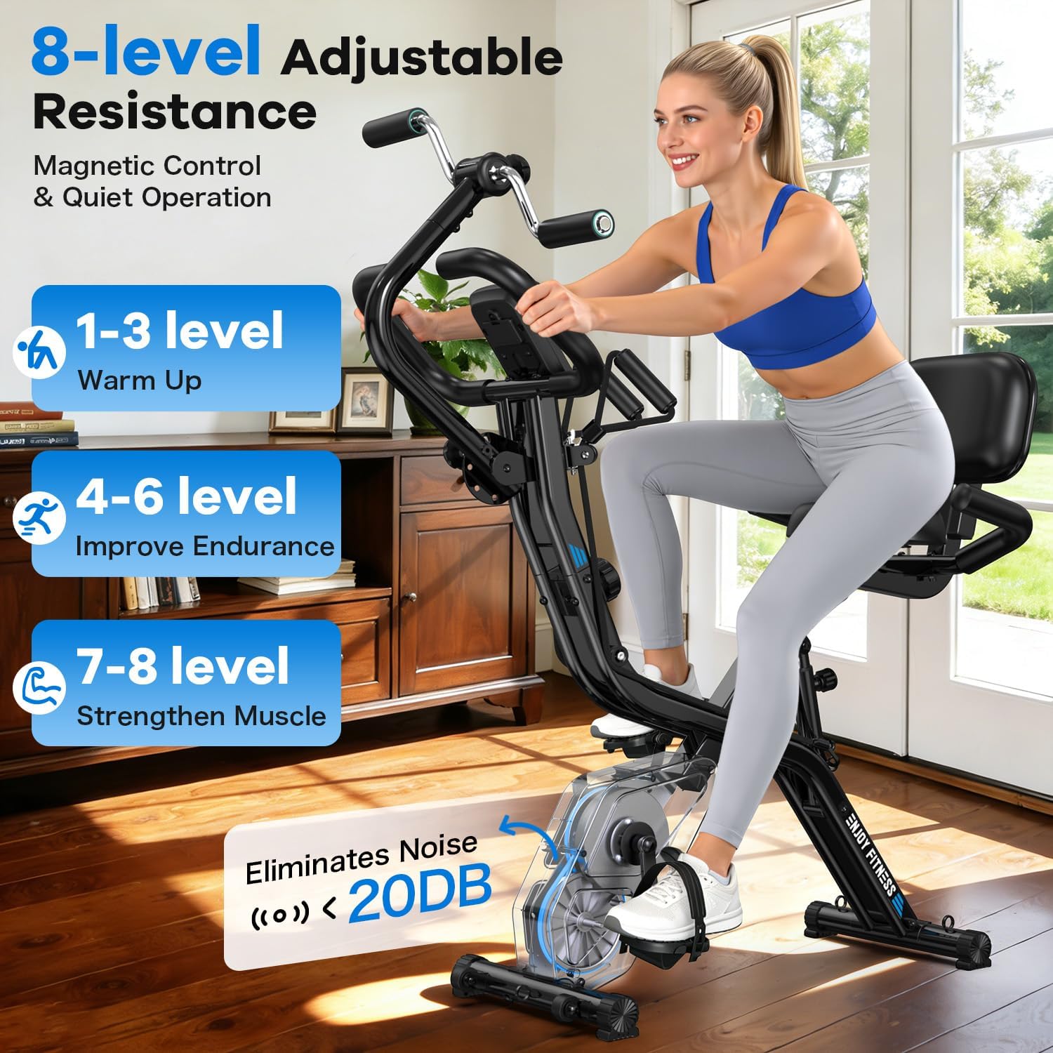 pooboo Folding Exercise Bike, Foldable Upright Stationary Bike, Indoor Cycling Magnetic X-Bike with 8-Level Adjustable Resistance, 6.6 LBS Flywheel, 300LB Capacity, Back Support Cushion for Home Gym