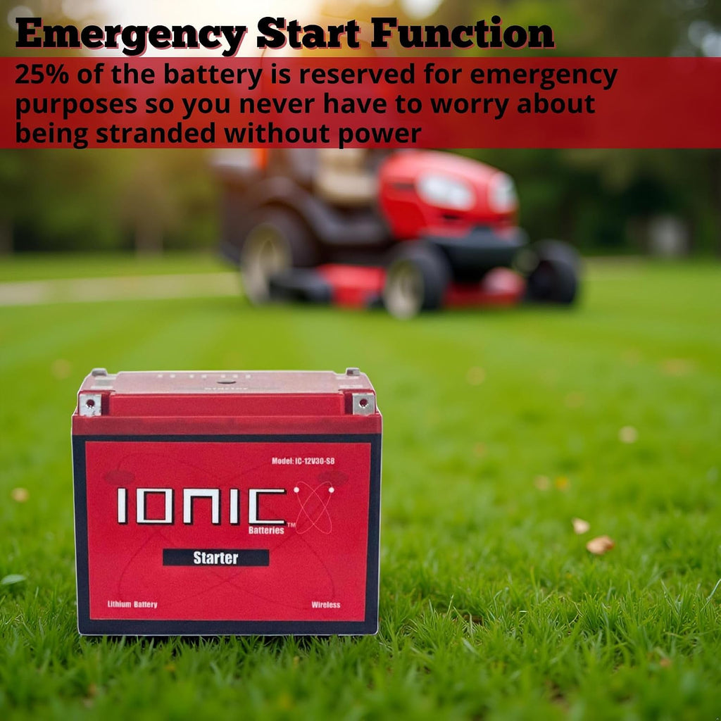 Ionic Lithium 12V Starter Battery for Zero-Turn Lawn Mowers - 12V Group U1 Battery with 1220CA - Bluetooth Capability - 9lbs - IC-12V30-S8