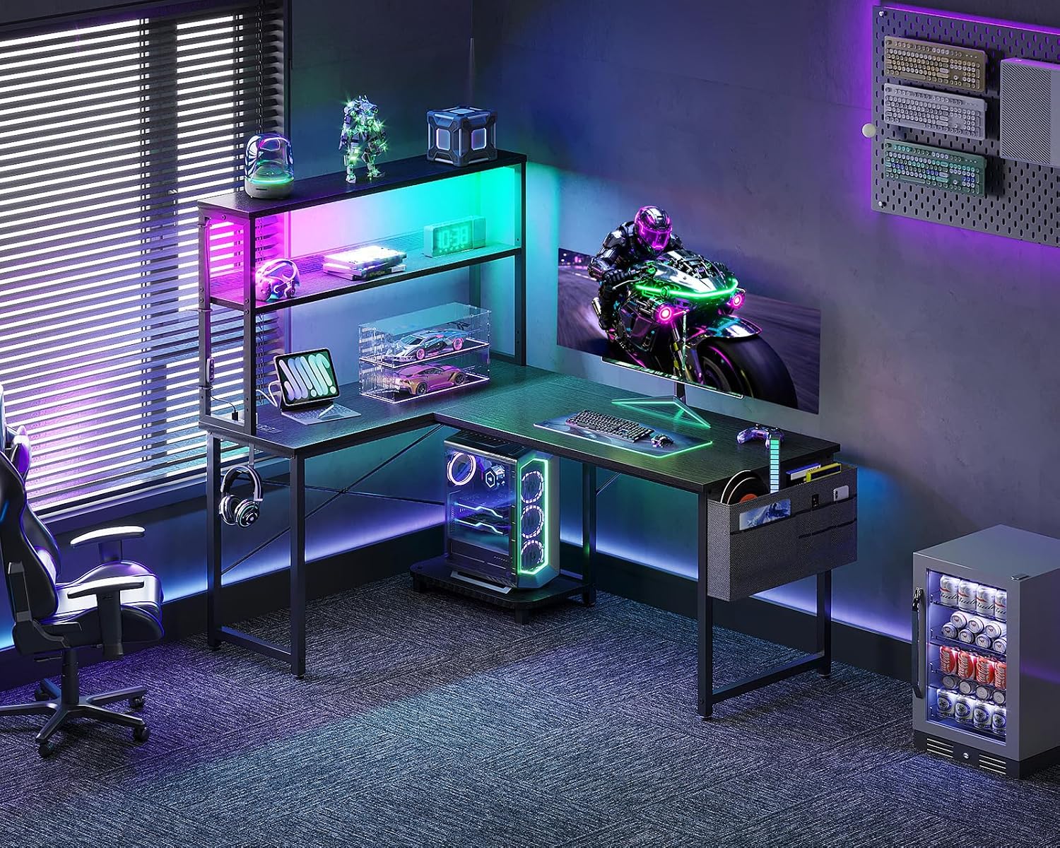 MOTPK L Shaped Gaming Desk with LED Light & Power Outlet, 43 Inch Reversible L Shaped Table with Shelves, Computer Desk with Storage Bag & Hook, Corner Table for Home Office, Black