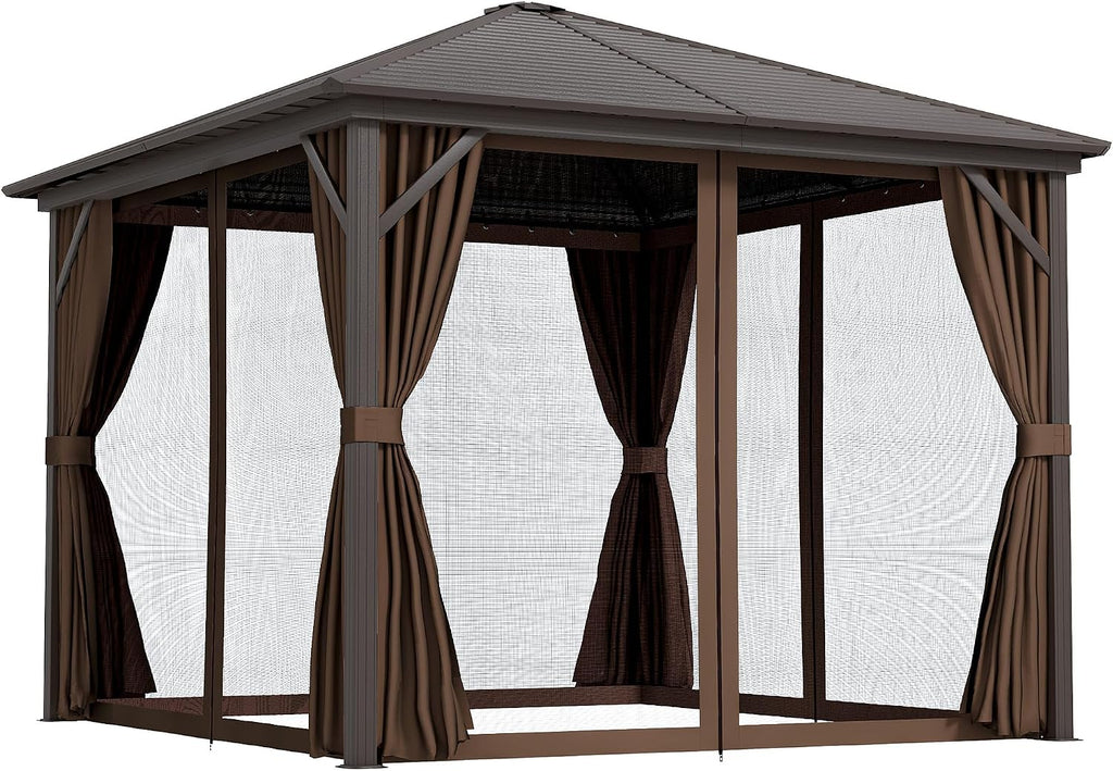 Outsunny 10' x 10' Hardtop Gazebo Canopy with Galvanized Steel Roof, Aluminum Frame, Permanent Pavilion Outdoor Gazebo with Hook, Netting and Curtains for Patio, Garden, Backyard, Dark Brown