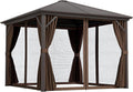 Outsunny 10' x 10' Hardtop Gazebo Canopy with Galvanized Steel Roof, Aluminum Frame, Permanent Pavilion Outdoor Gazebo with Hook, Netting and Curtains for Patio, Garden, Backyard, Dark Brown