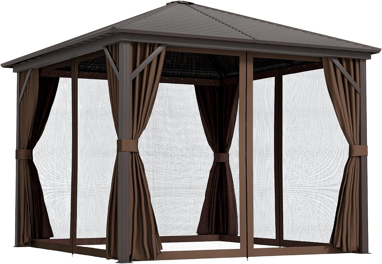 Outsunny 10' x 10' Hardtop Gazebo Canopy with Galvanized Steel Roof, Aluminum Frame, Permanent Pavilion Outdoor Gazebo with Hook, Netting and Curtains for Patio, Garden, Backyard, Dark Brown