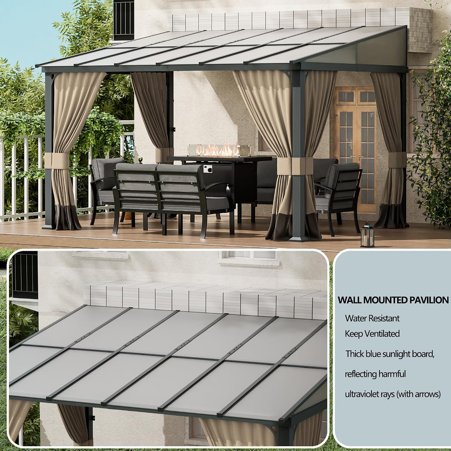 10x12FT Gazebo, Hardtop Wall Mounted Gazebo with Sloping Sun Panel Roof, Awnings for Patio with Metal Frame, Double Curtains for Garden, Lawn, Backyard Deck, Sand