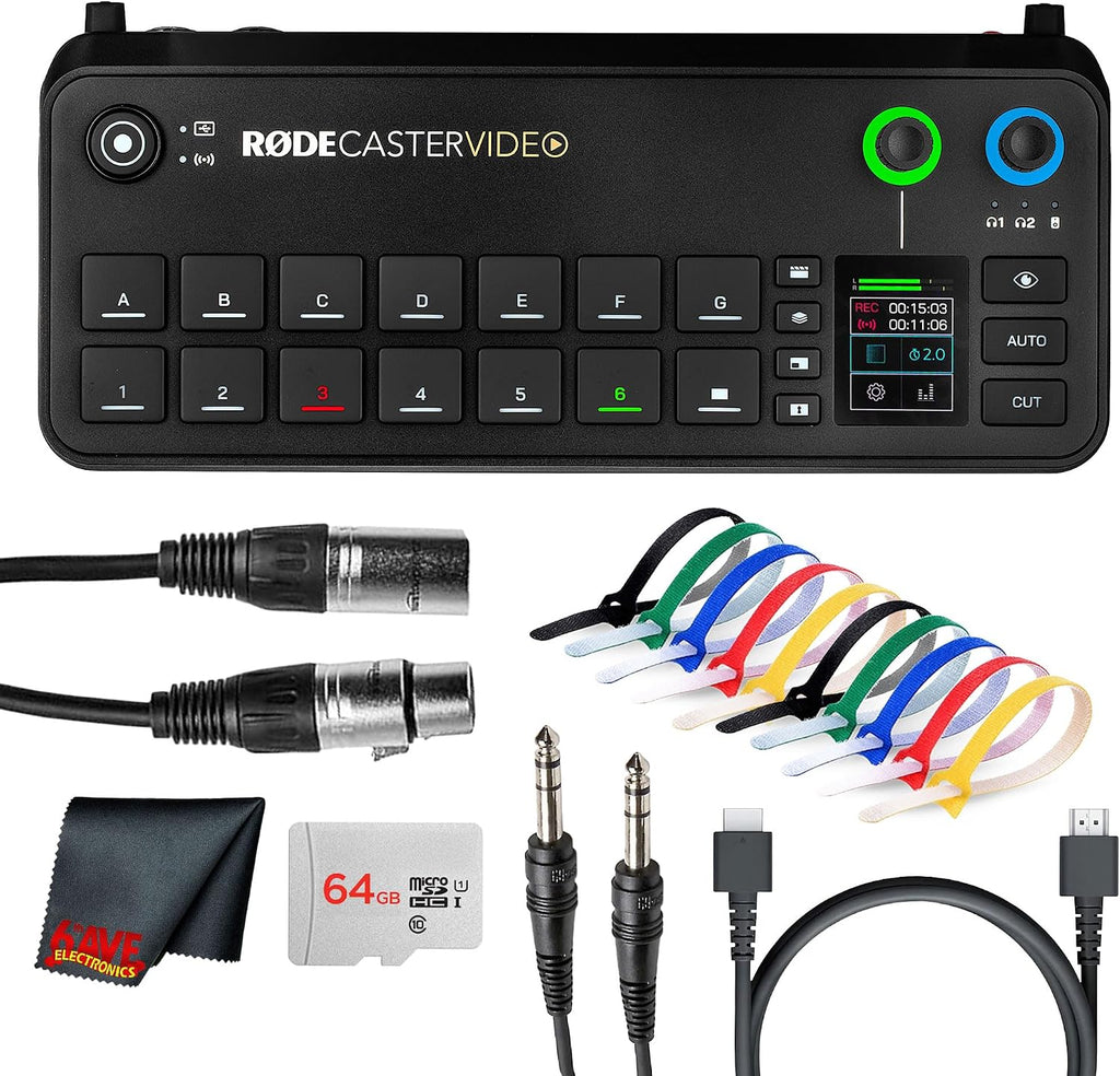 RODE RODECaster Video All-in-One Production Console | Integrated Audio & Video Mixer with Multi-Camera Switching, Touchscreen & USB-C Interface + 64GB Memory Card + XLR Cable + HDMI Cable + More