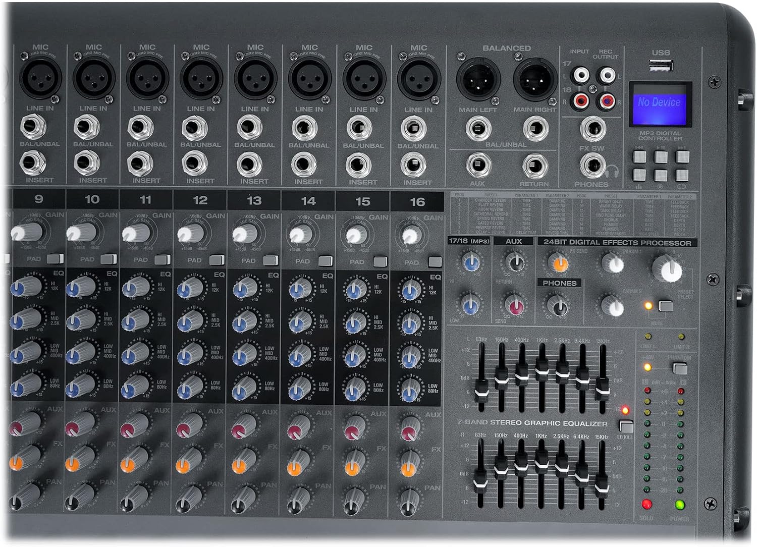 Rockville RPM1870 6000W Powered Mixer 18-Channel, USB/Bluetooth, 18 XDR2 Mic Preamps, 24-Bit Effects, Dual 7-Band EQ, for Live Sound and Events