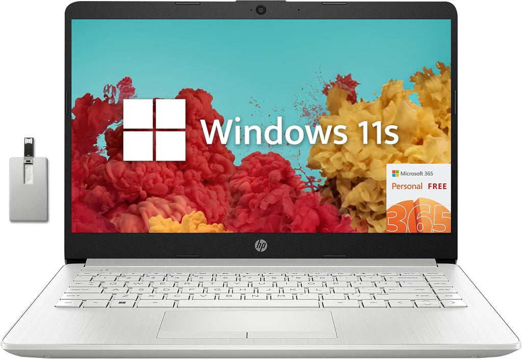HP Stream 14' HD Laptop, Intel Celeron N4120, 4GB RAM, 64GB eMMC, Intel UHD Graphics 600, 1 Year Office 365, HD Camera, Wi-Fi 5, Bluetooth, Fast Charge, Windows 11 S, Silver, 32GB Hotface USB Card