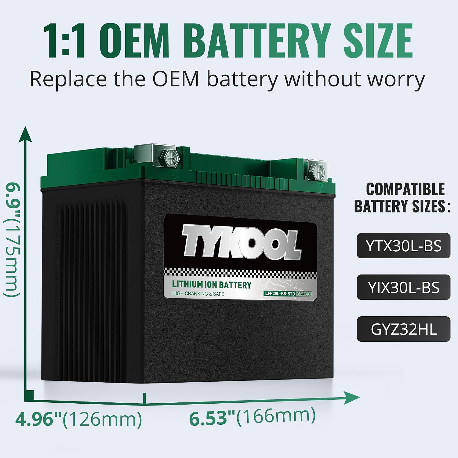 TYKOOL LFP30L-BS-STD Lithium Battery, Replaces YTX30L-BS, 650CCA 12Ah Fits for Motorcycle UTV ATV PWC, Compatible with Harley Touring Road King Moto Guzzi 1000cc Polaris Ranger RZR 800,Digital Readout