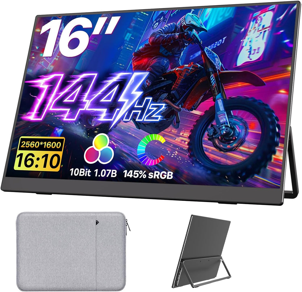 Upperizon Portable Monitor 16 inch 2K QHD 2560X1600 145% sRGB 144 Hz HDR HDMI USB-C Travel Monitor for Laptop MacBook PC Surface PS5 Xbox, External Display with Kickstand & Speakers, VESA Compatible