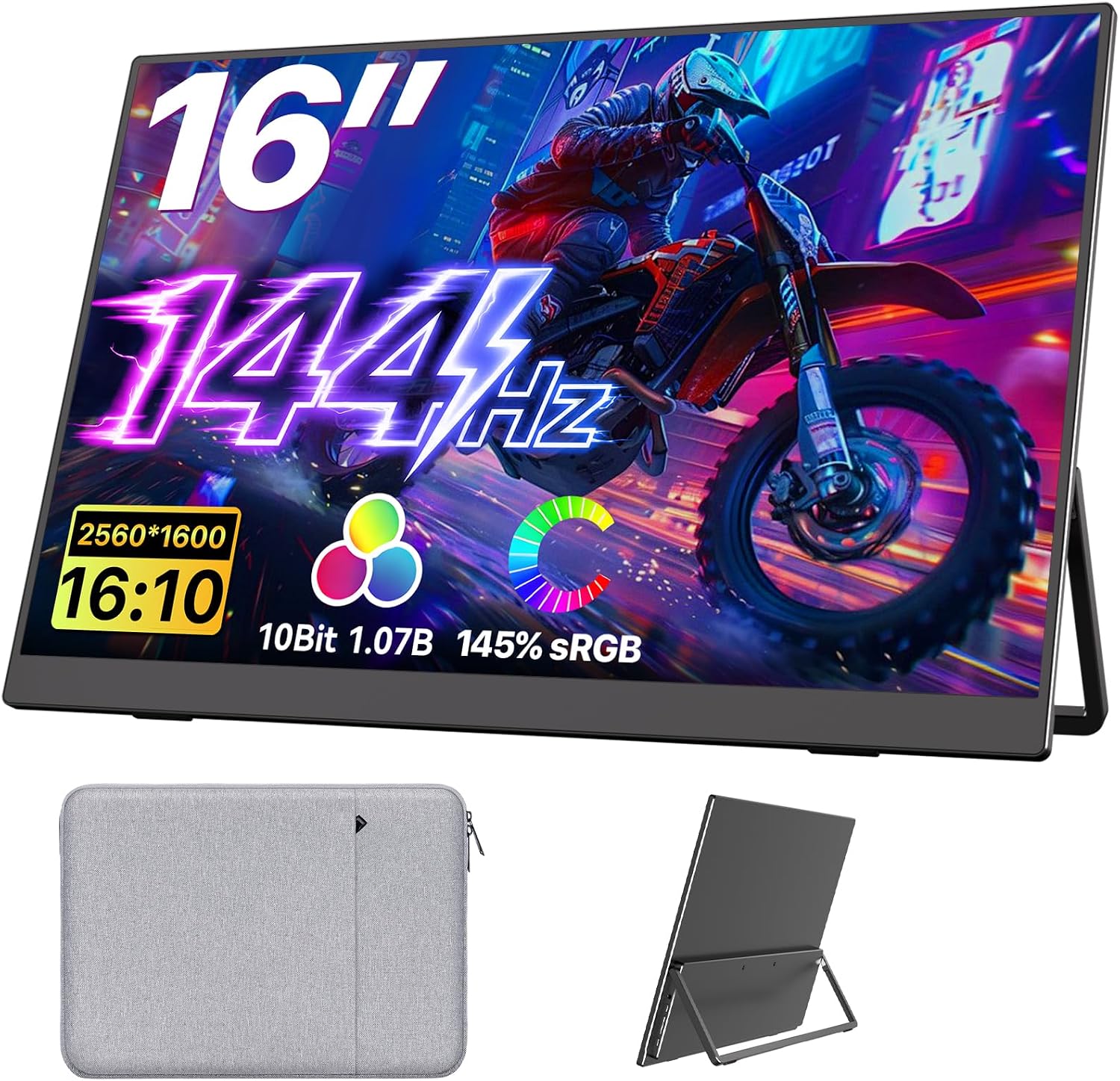 Upperizon Portable Monitor 16 inch 2K QHD 2560X1600 145% sRGB 144 Hz HDR HDMI USB-C Travel Monitor for Laptop MacBook PC Surface PS5 Xbox, External Display with Kickstand & Speakers, VESA Compatible