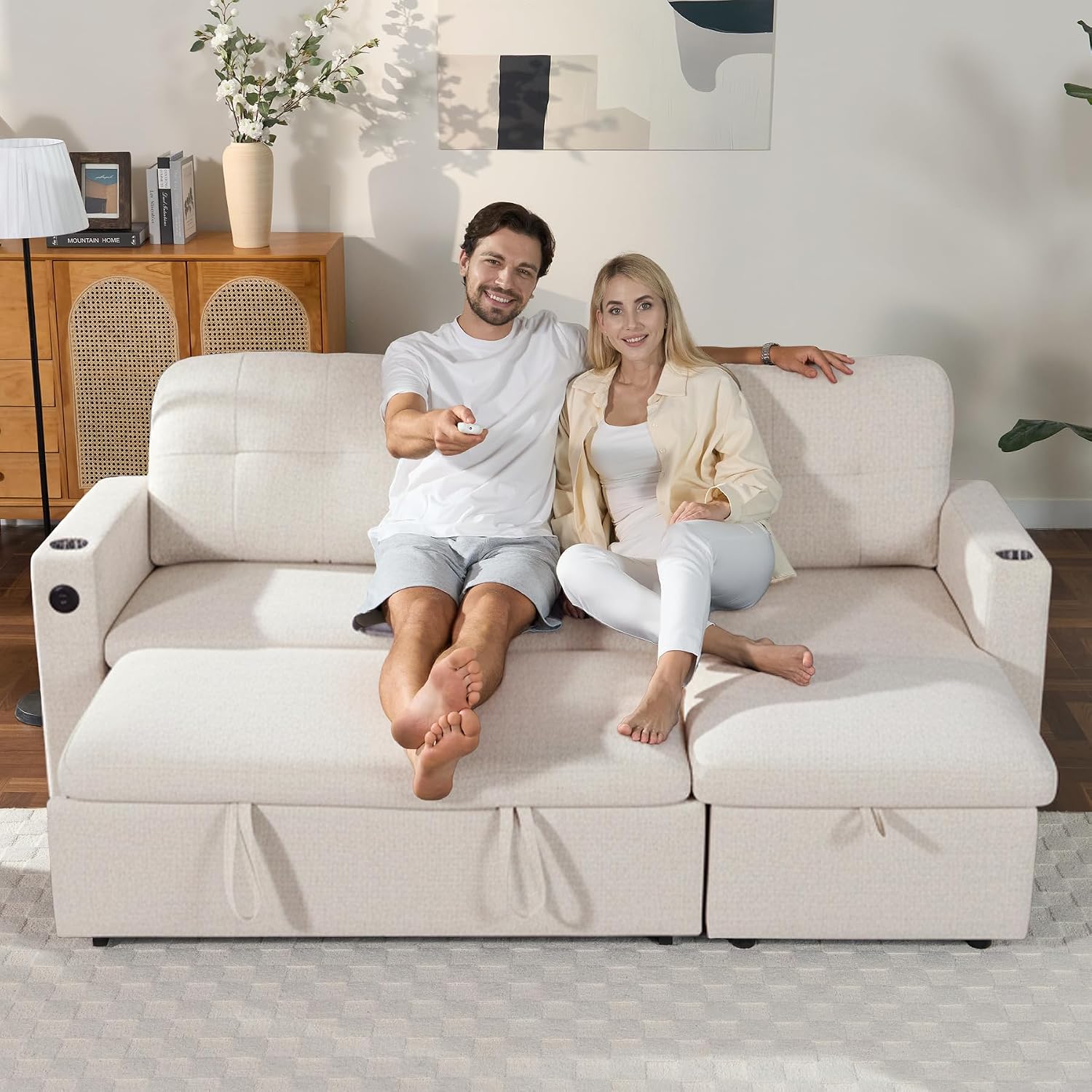 Luxanimarion 83'' Pull Out Sofa Bed, 2 in 1 Convertible Comfy Linen Couch with Storage Chaise & USB Charging, Modular Sleeper Sofa Couches for Living Room Apartment,Beige 1 PCS