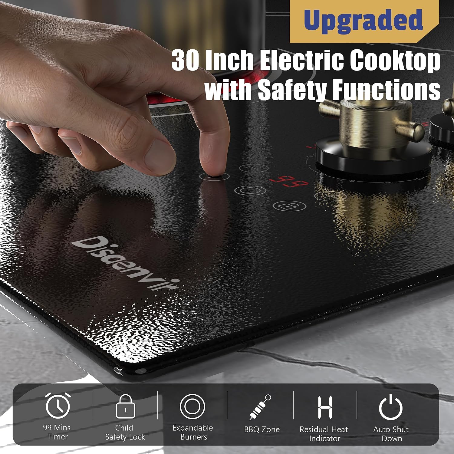 Upgraded 30 Electric Cooktop - 8600W High Power 5 Burners Electric Stove, Built-in 30 Inches Ceramic Stove Top Knob and Touch, Timer, Safety Lock, Timer, 220-240V Hard Wired (No Plug)