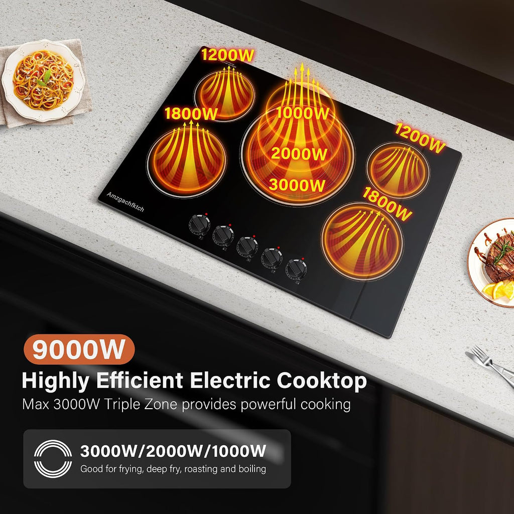 30 Inch Built-in Electric Cooktop with Expandable Triple Ring Burners, 5 Burner 9000W Ceramic Stove Top - Easy Knob Controls & Residual Heat Indicator (220-240V Hardwired)