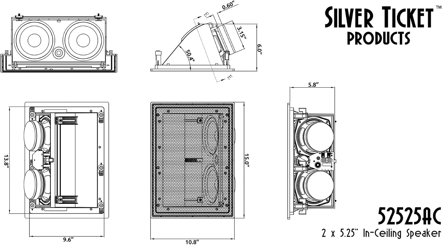 5252AC Silver Ticket In-Ceiling Speaker with Pivoting Full Speaker Adjustable Angle Woofers and Tweeter (Dual 5.25 Inch in-ceiling Center Channel) CEILING ONLY