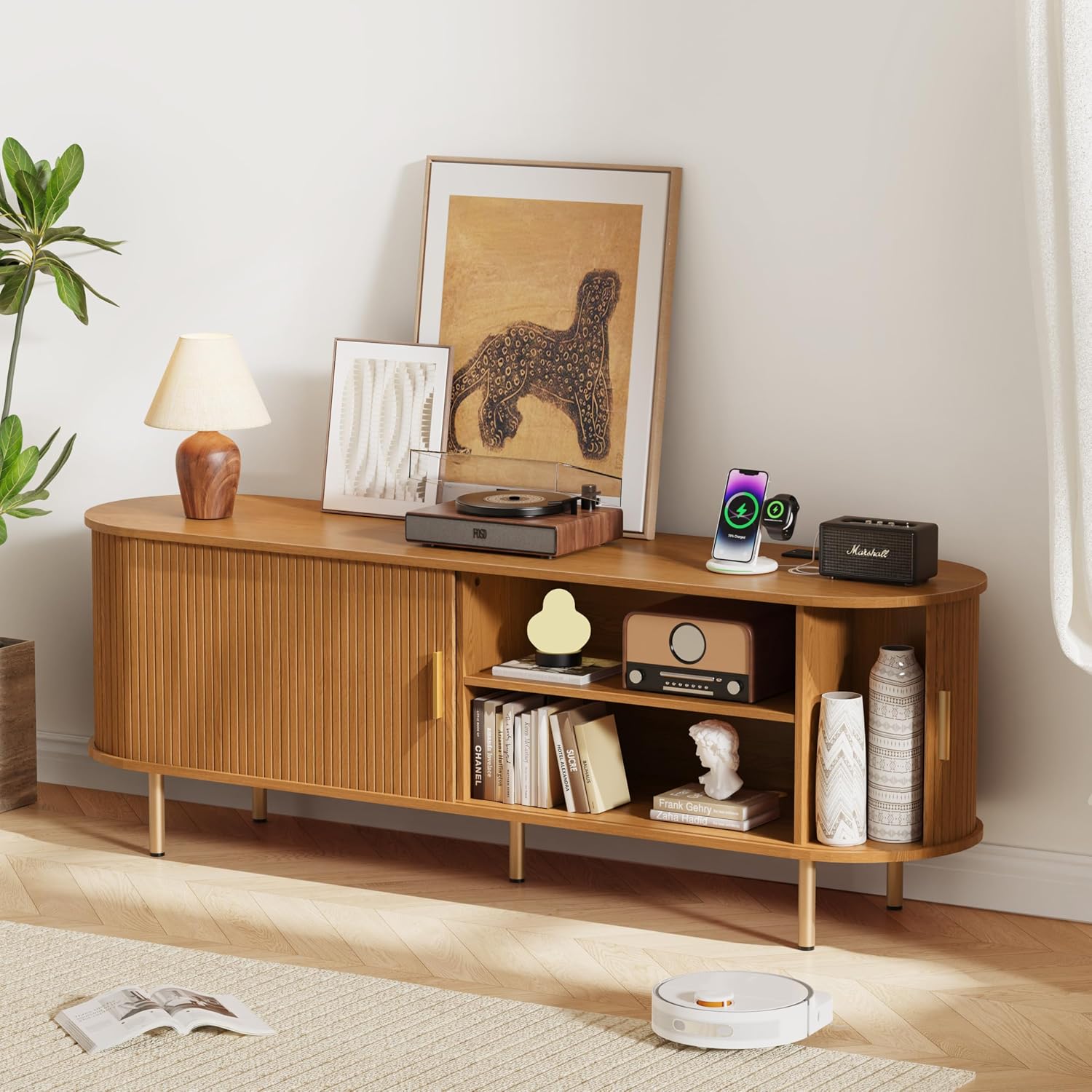 DHH 63 Inch Mid Century Modern TV Stand with Power Outlet for TVs up to 70 Inch, Entertainment Center with Storage and Adjustable Shelves, Media Console with Sliding Doors for Living Room(Yellow)