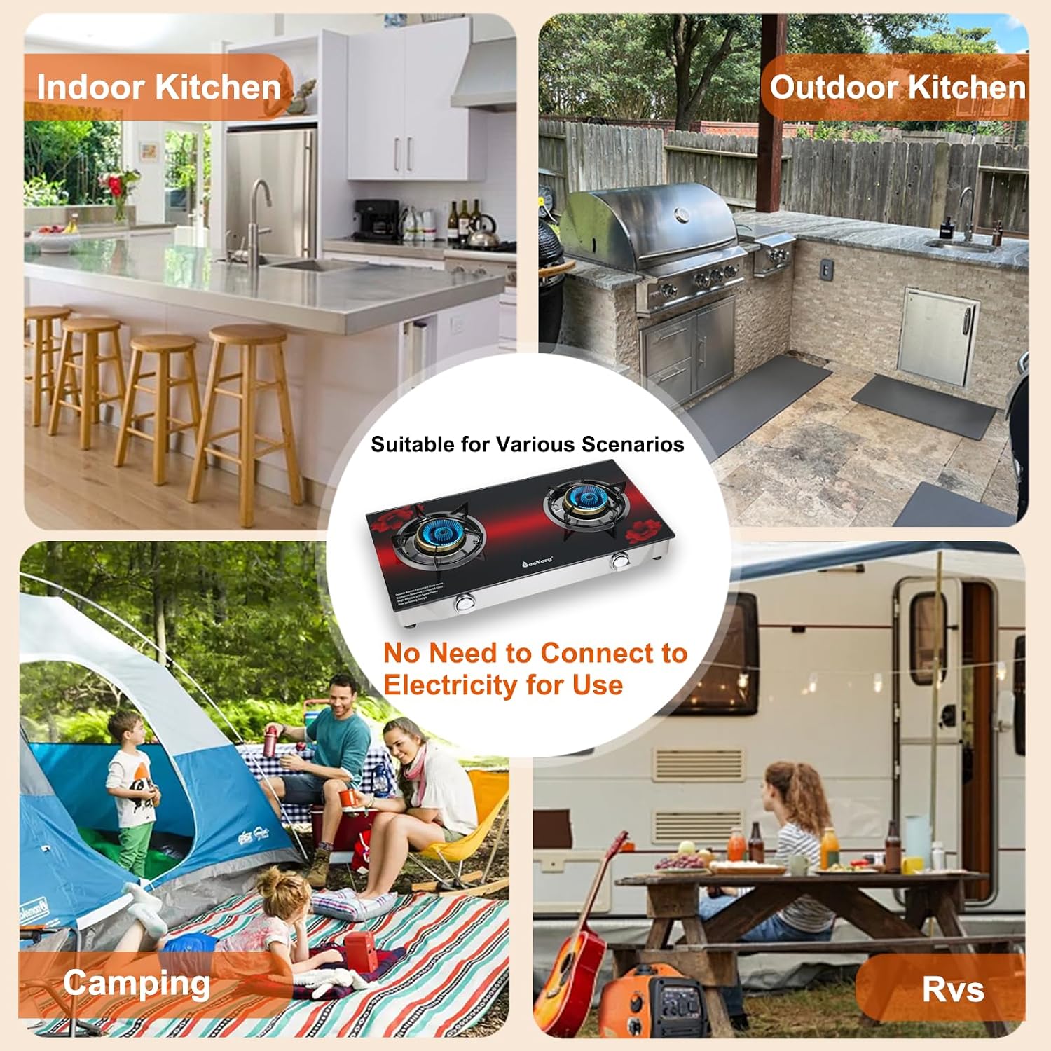 2 Burner Propane Gas Stove with Auto Ignition, 29000 BTU High-Efficiency Heavy-Duty Tempered Glass Cooktop, CSA Regulator & Hose Included, for Outdoor Camping Emergency
