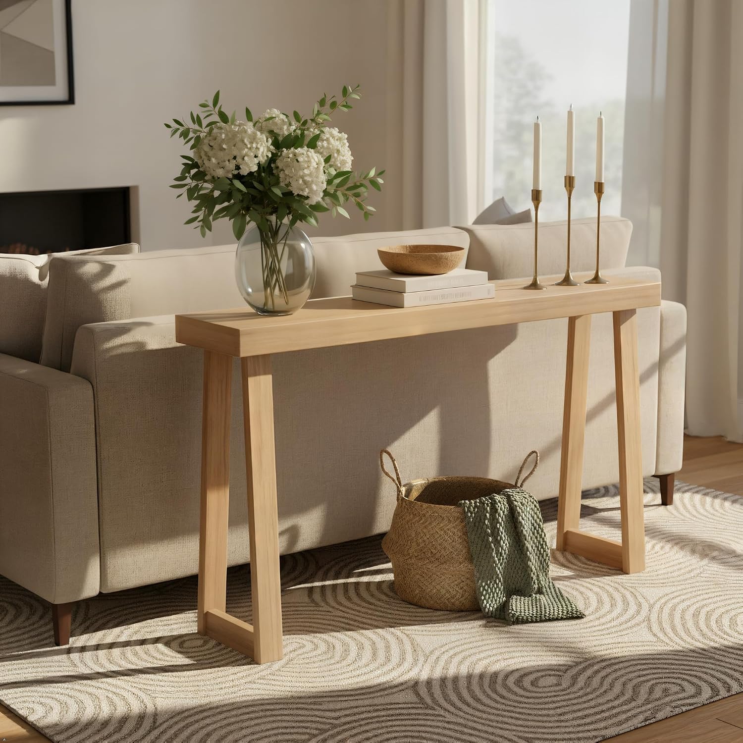 Plank+Beam Solid Wood Console Table, 56 Inch, Sofa Table, Narrow Entryway Table for Hallway, Behind The Couch, Living Room, Foyer, Easy Assembly, Blonde