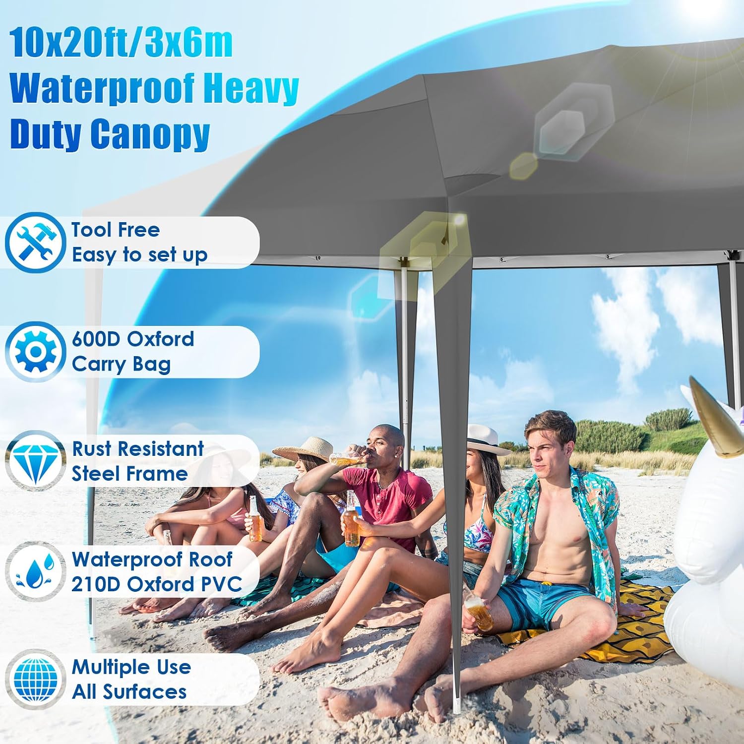 COBIZI 10x20 Pop Up Canopy Tent Party Tents for Parties Weddings Backyard Waterproof Outdoor Commercial Instant Canopy Event Tent with Stakes, Ropes,Sandbags, Gray