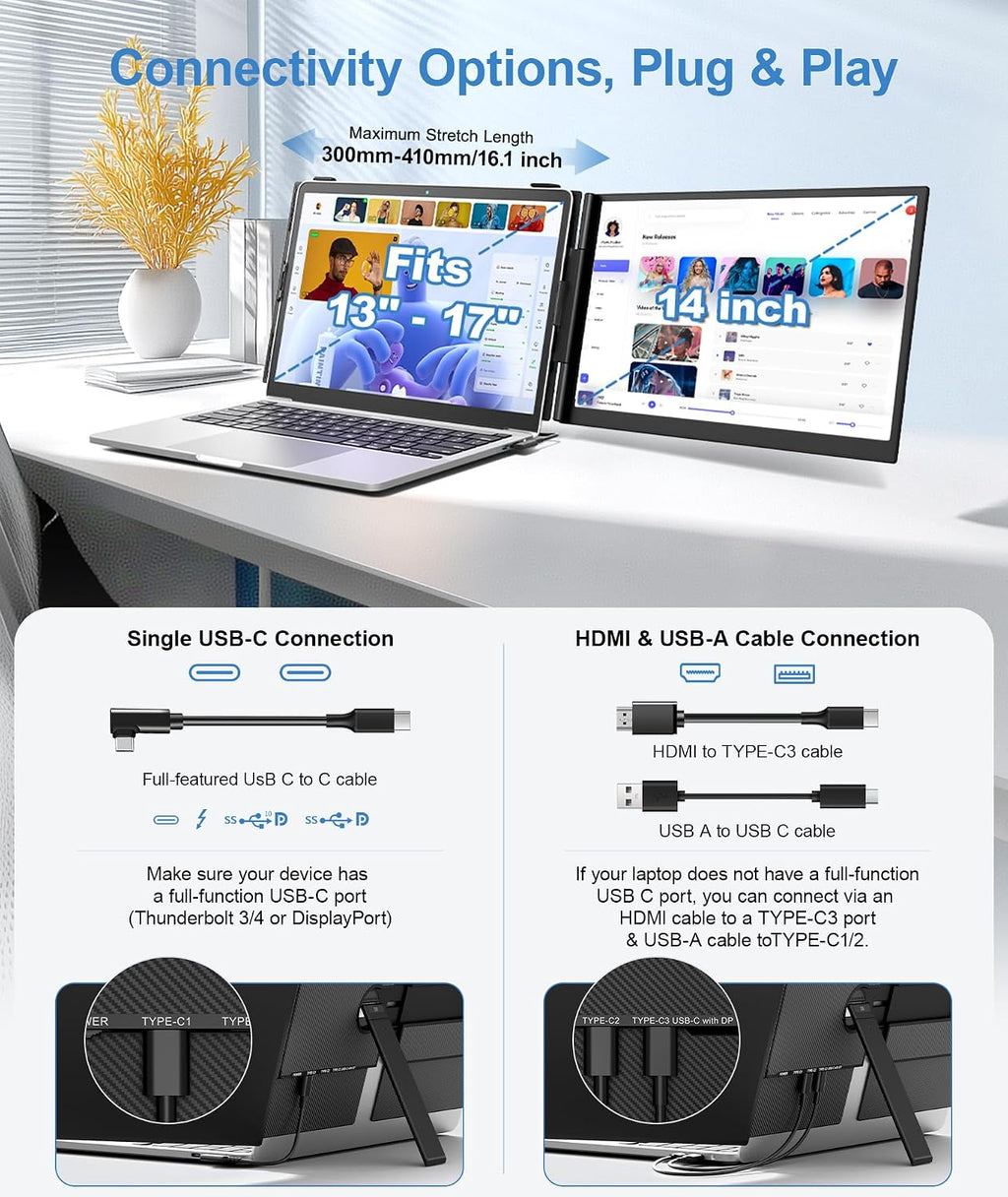 Laptop Screen Extender, Ultra-Thin 14' FHD 1080P Portable Monitor for Laptop, 1.3lbs Lightweight Dual Monitor Extender Plug & Play for 13'-17' Laptops, Compatible with Wins/Mac/Android/Chrome