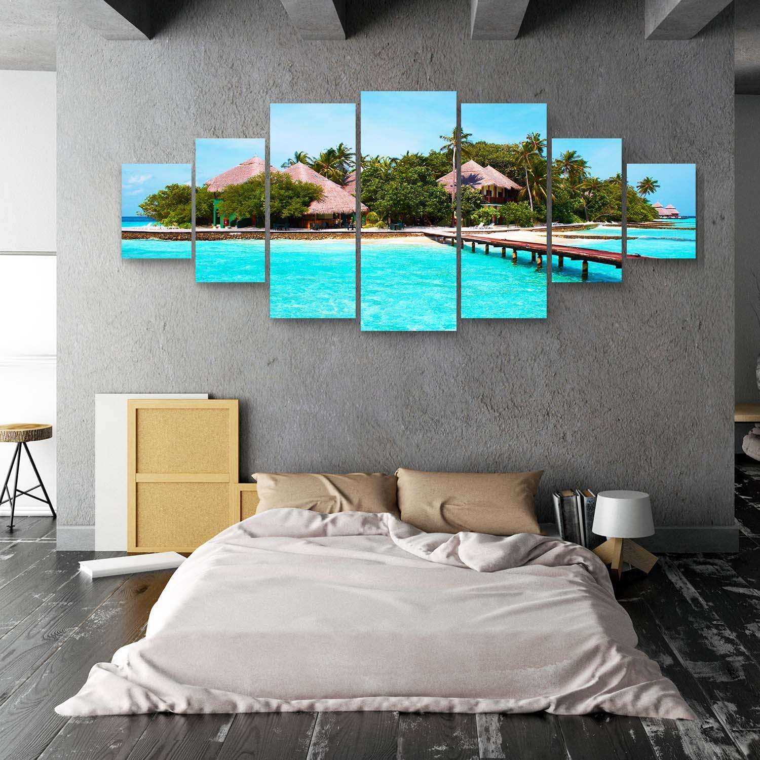 Startonight Large Canvas Wall Art Beach - On the Deck to the Rocky Island - Huge Framed Modern Set of 7 Panels 40' x 95'