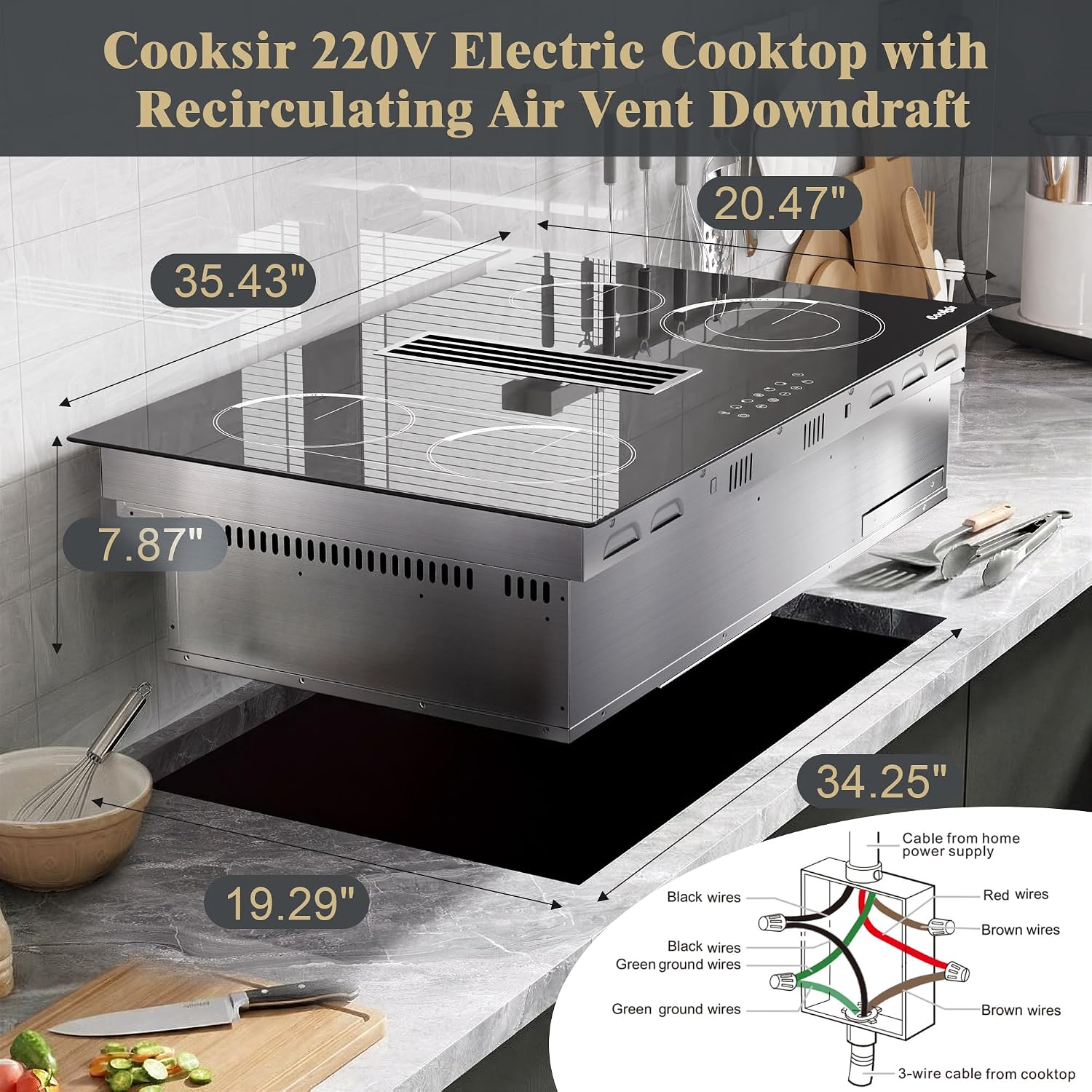 36 Inch Electric Cooktop with Downdraft - 4 Burner Built-in Electric Stove 7400W, 36 Inches Ductless Recirculating Downdraft, Timer, Safety Lock, BBQ Bridge Burner, Recirculating Air Vent