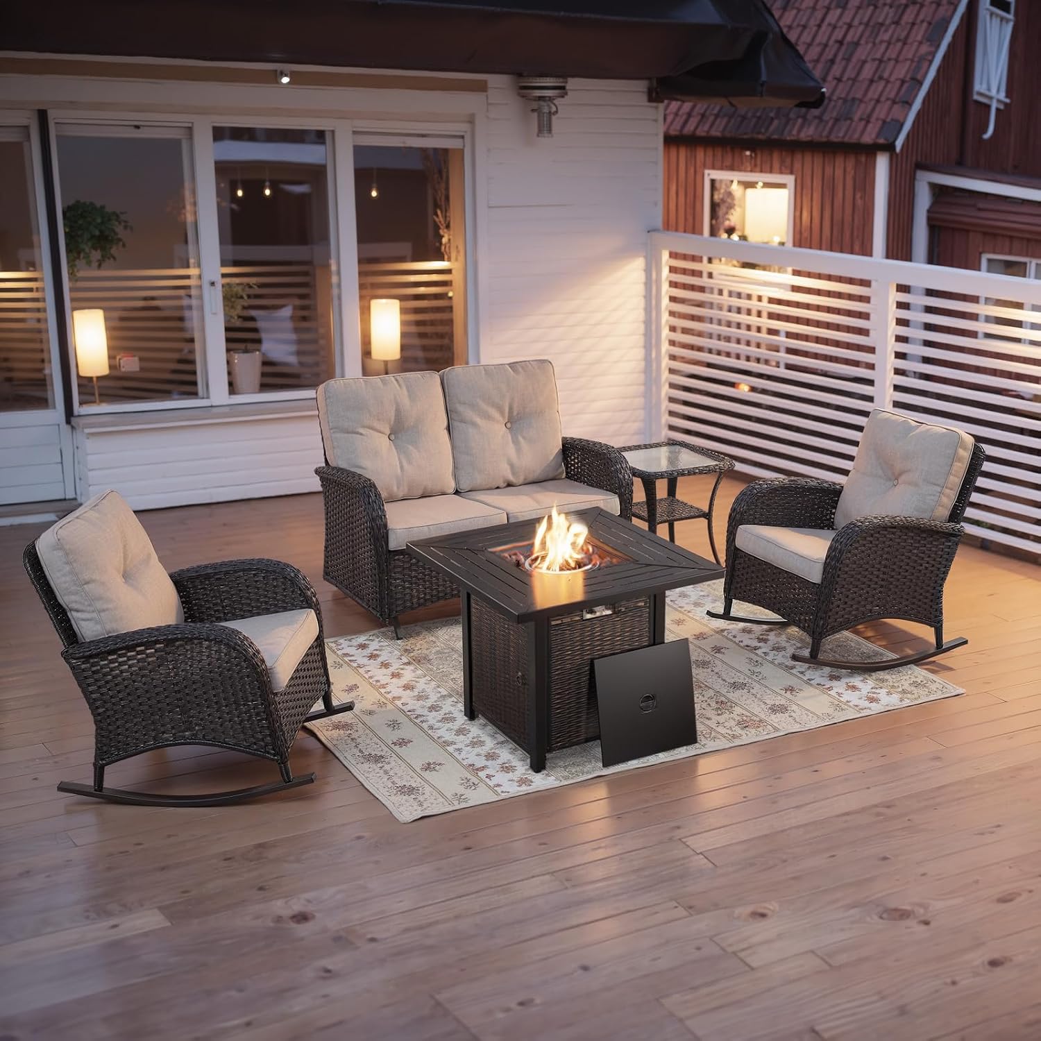 Belord 5 Pieces Patio Furniture Set with 50000 BTU Propane Fire Pit Table, All-Weather Patio Rocking Chairs, Loveseat Glider and Side Table for Outdoor Conversation Deck Backyard Poolside Black