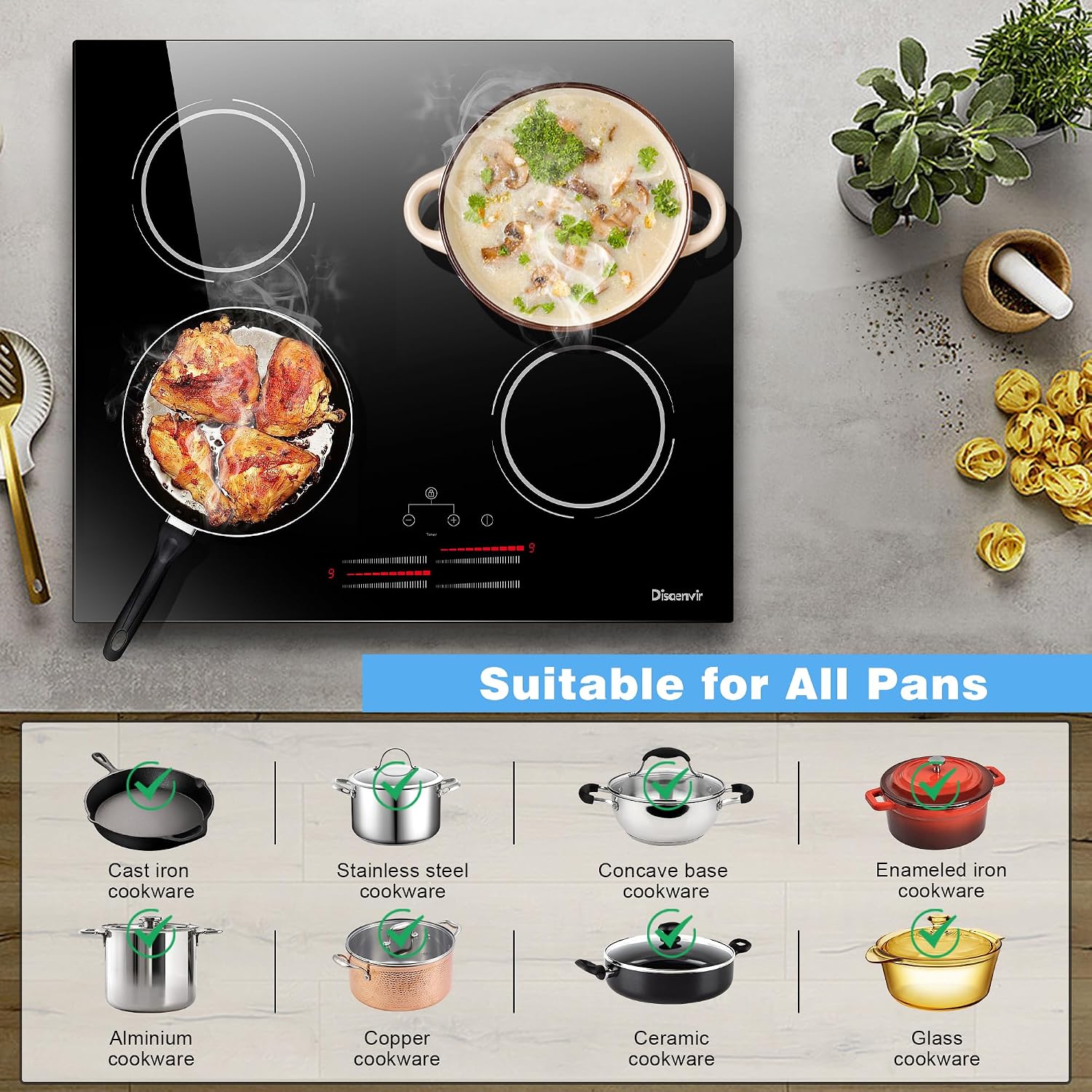 4 Burner Electric Cooktop - 24 Inch Electric Stove Top 6000W High Power Built-in, Ceramic Cook Top with Safety Lock, 99 Min Timer, Sensor Touch, 220V - 240V Hard Wired (No Plug)