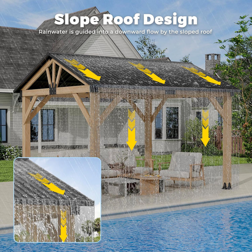 LVUYOYO 10' x 12' Wood Gazebo, Outdoor Hardtop Gazebo, Galvanized Steel Gable Roof Pergola, Outdoor Pavilion for Patio, Backyard, Garden, Deck