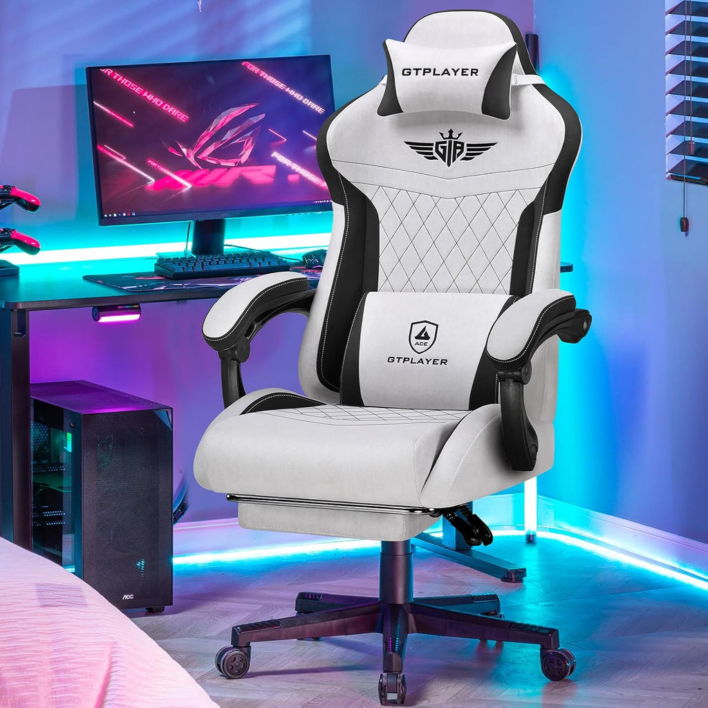 GTPLAYER Gaming Chair, Video Game Chairs with Footrest and Lumbar Support, Computer Chair for Adults with Extended Backrest, Ergonomic Reclining Silla Gamer, Fabric, Grey