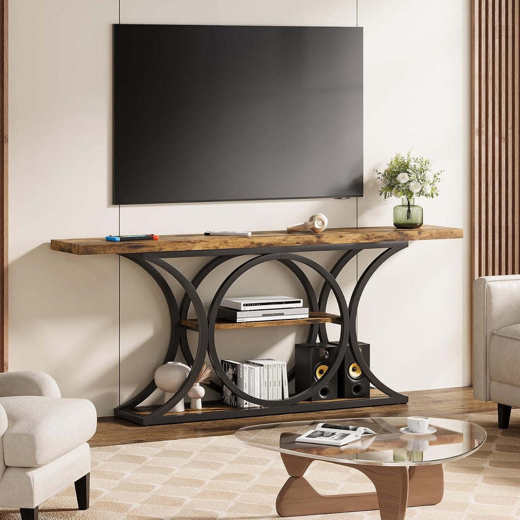 63 inch Extra Long Sofa Table, Rustic Industrial Entry Console Table, Behind Couch Table with Black Metal Frame, 3 Tier Storage Shelves for Hallway, Entryway & Living Room, Brown & Black