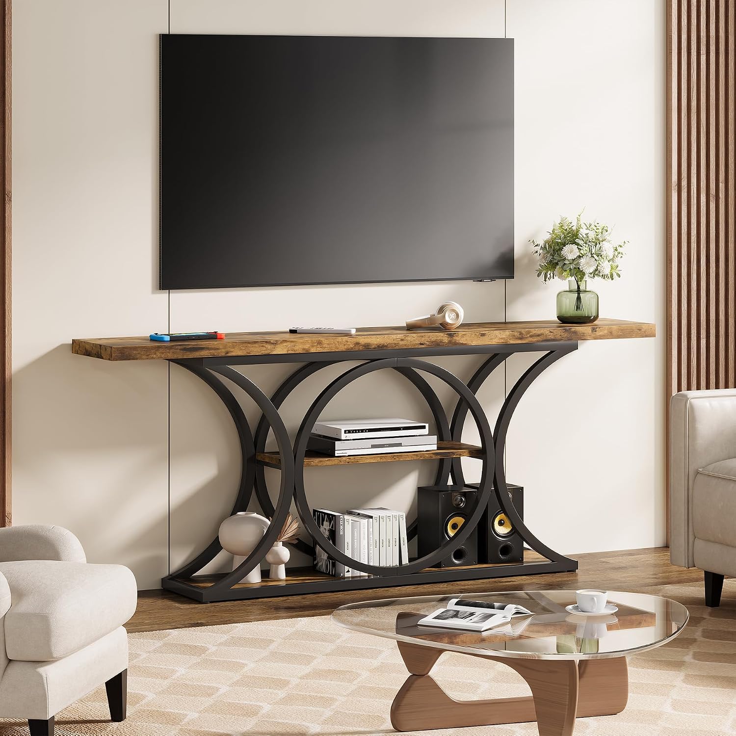 63 inch Extra Long Sofa Table, Rustic Industrial Entry Console Table, Behind Couch Table with Black Metal Frame, 3 Tier Storage Shelves for Hallway, Entryway & Living Room, Brown & Black