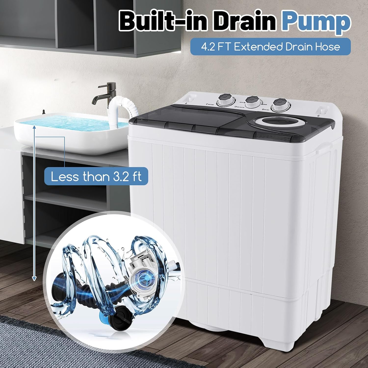 ARLIME Portable Washing Machine, 26 lbs Washer and Spinner Combo with Drain Pump,18 lbs Washing 8 Pounds Spinning Twin Tub Mini Compact Laundry Washer for Dorms, Apartments, RVs (White+Gray)